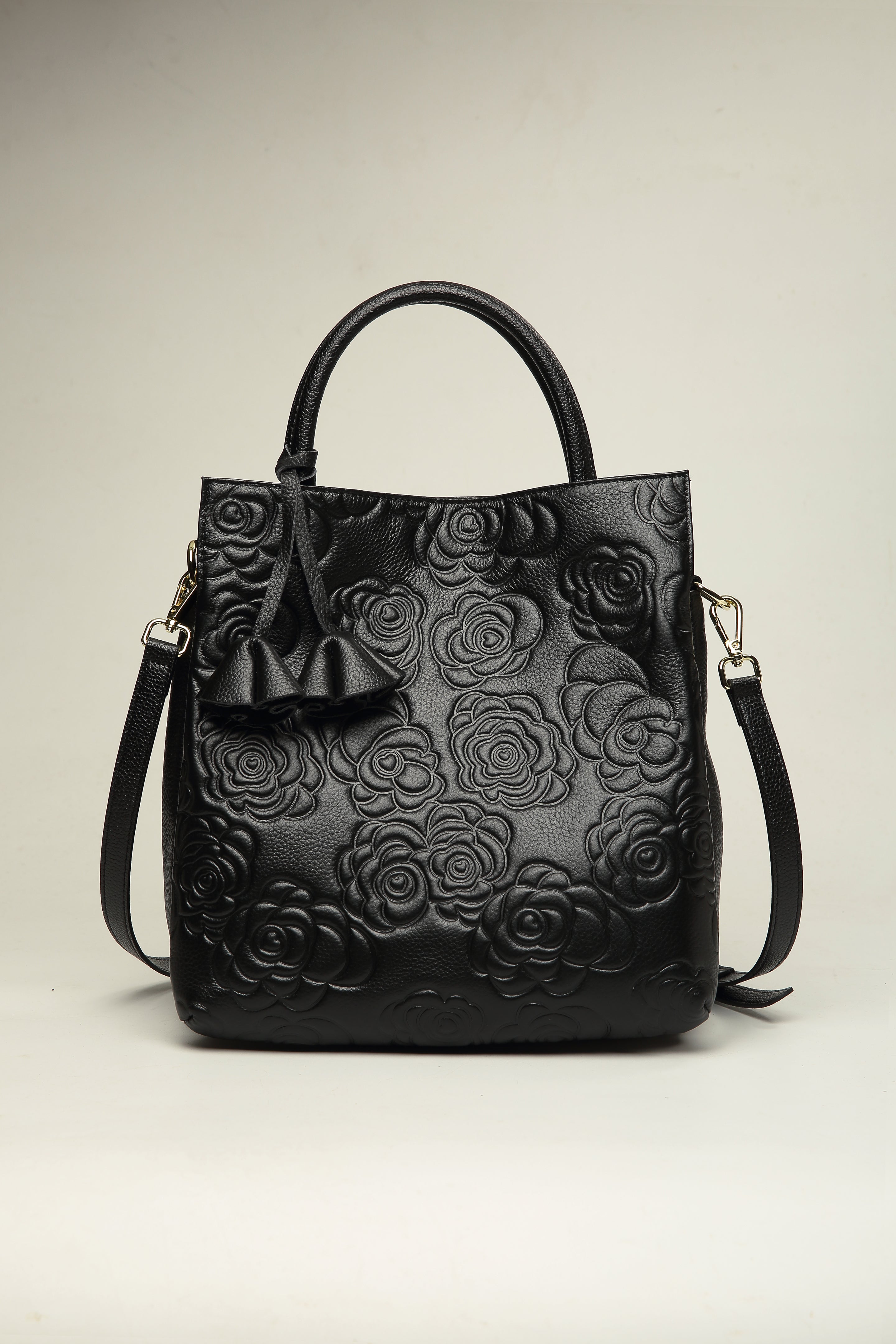 Harmony Black Floral Embossed Genuine Leather Handbag