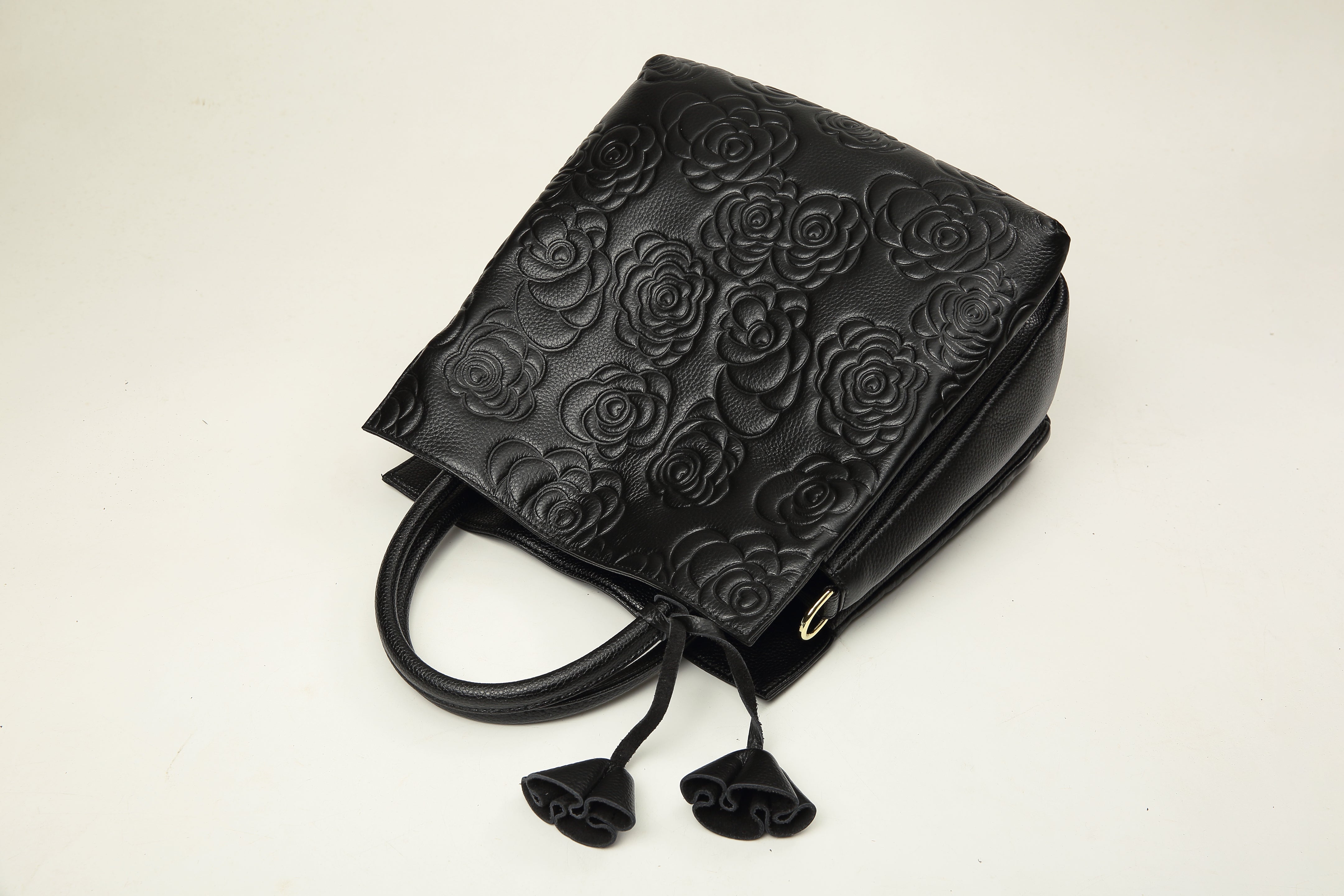 Harmony Black Floral Embossed Genuine Leather Handbag