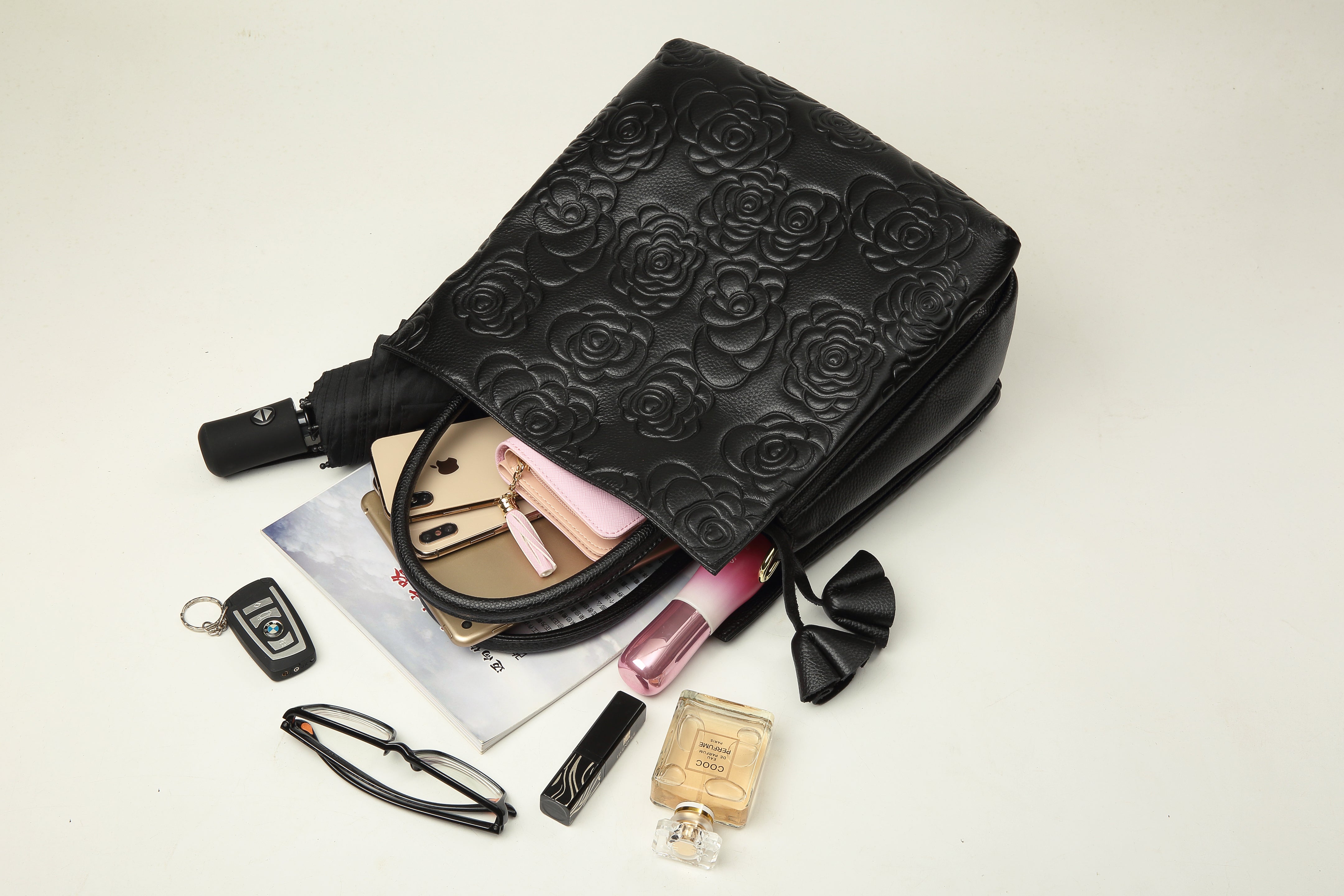 Harmony Black Floral Embossed Genuine Leather Handbag