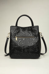 Harmony Black Floral Embossed Genuine Leather Handbag