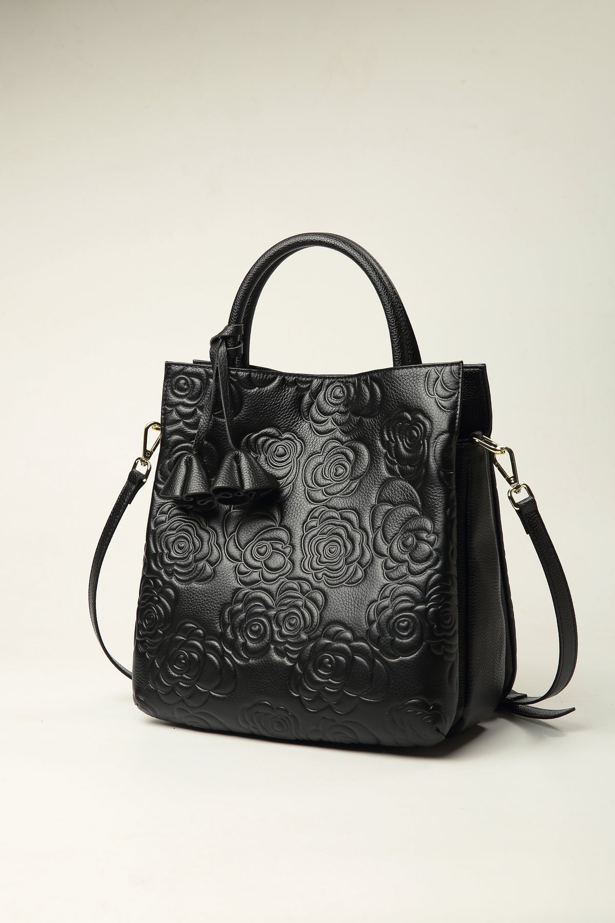 Harmony Black Floral Embossed Genuine Leather Handbag