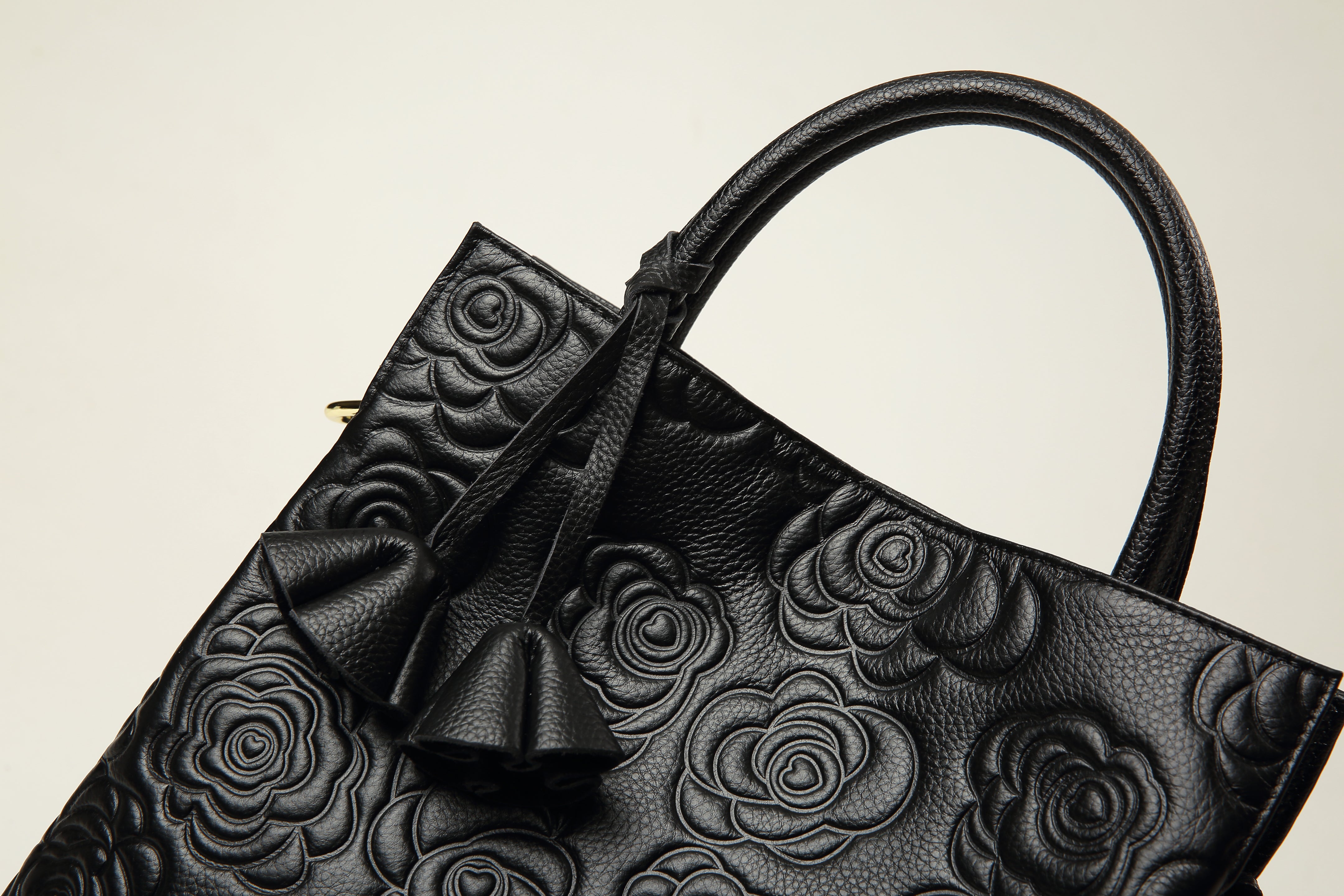 Harmony Black Floral Embossed Genuine Leather Handbag