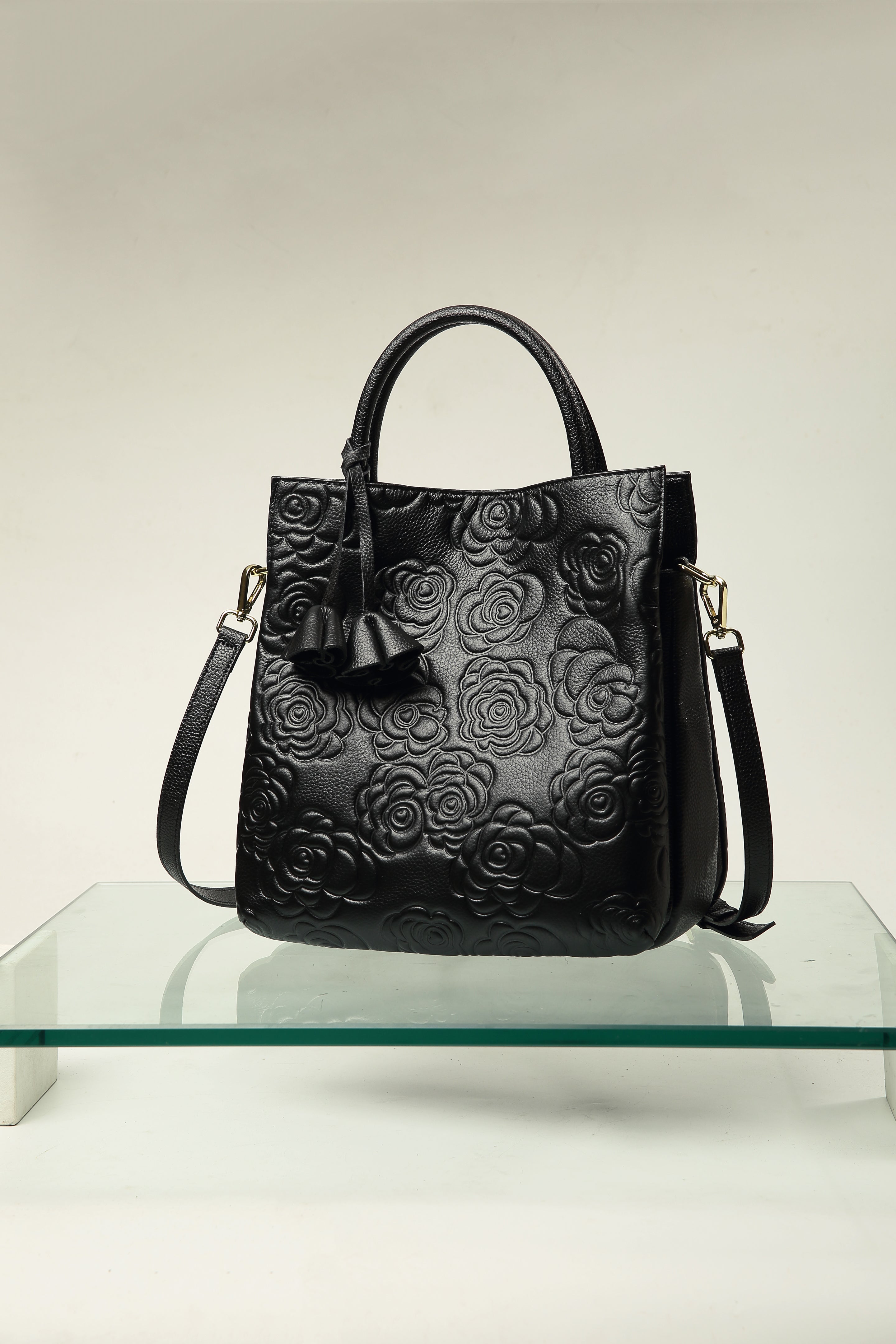 Harmony Black Floral Embossed Genuine Leather Handbag