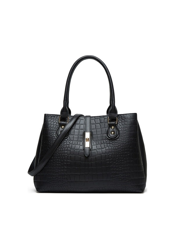 Odessa Black Women's Crocodile Pattern Vegan Leather Large Top Handle Satchel and Crossbody Shoulder Bag