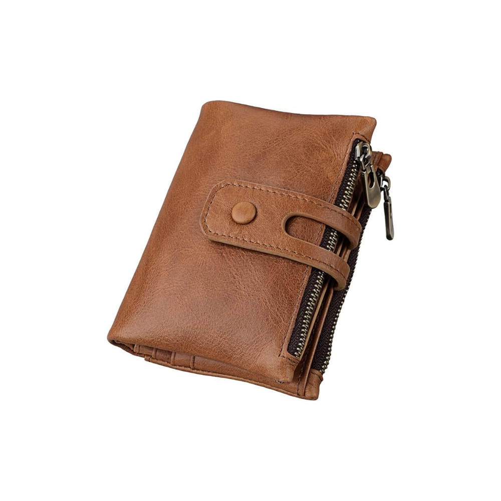 Men's Genuine Leather Vintage Bifold Brown Zippered Wallet with Multiple Card Slots and Coin Pocket