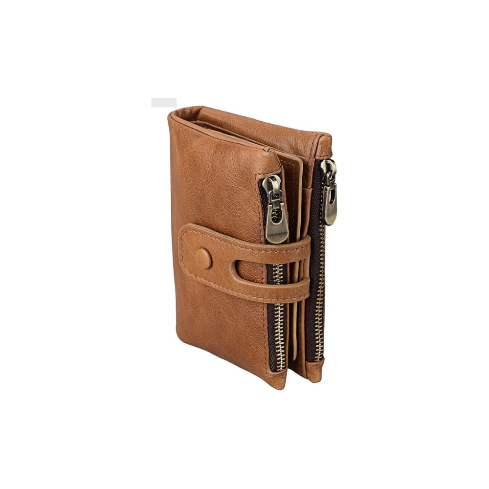 Men's Genuine Leather Vintage Bifold Brown Zippered Wallet with Multiple Card Slots and Coin Pocket