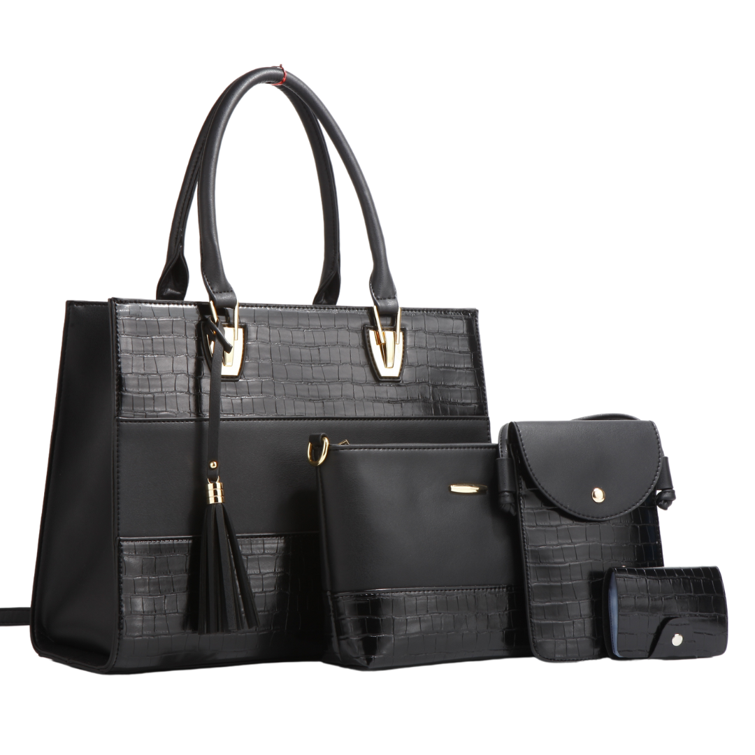 Iris 4-piece Black Vegan Leather Handbag set  or women