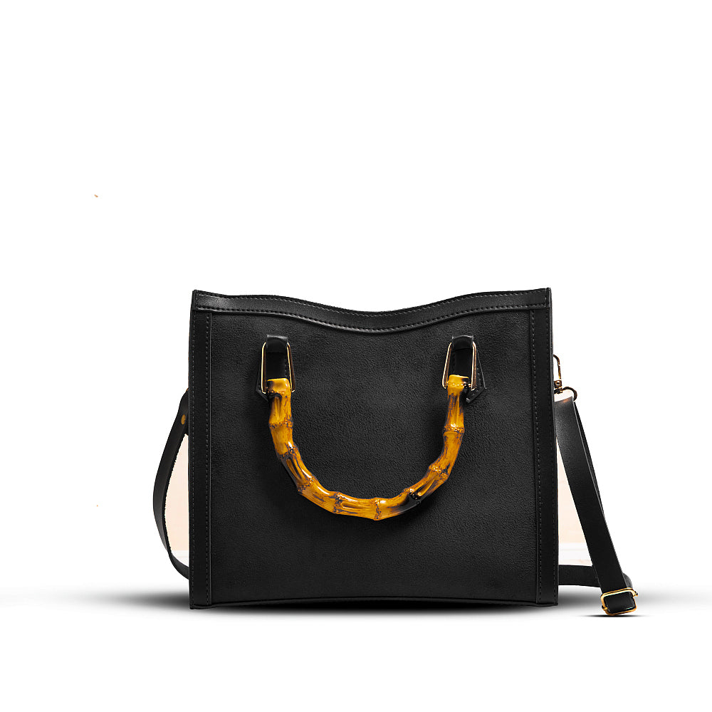 Wood Craft Black Vegan Leather Shoulder Bag with Wood Handle