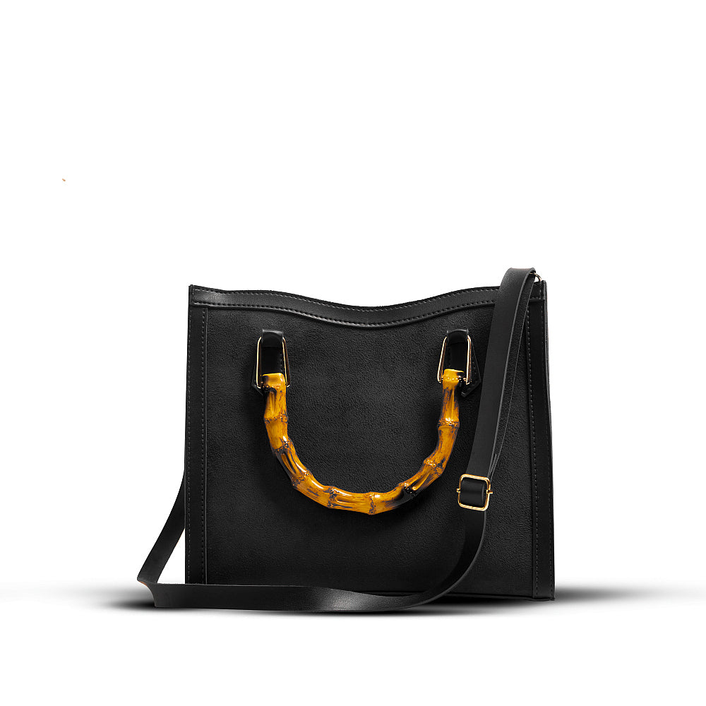 Wood Craft Black Vegan Leather Shoulder Bag with Wood Handle